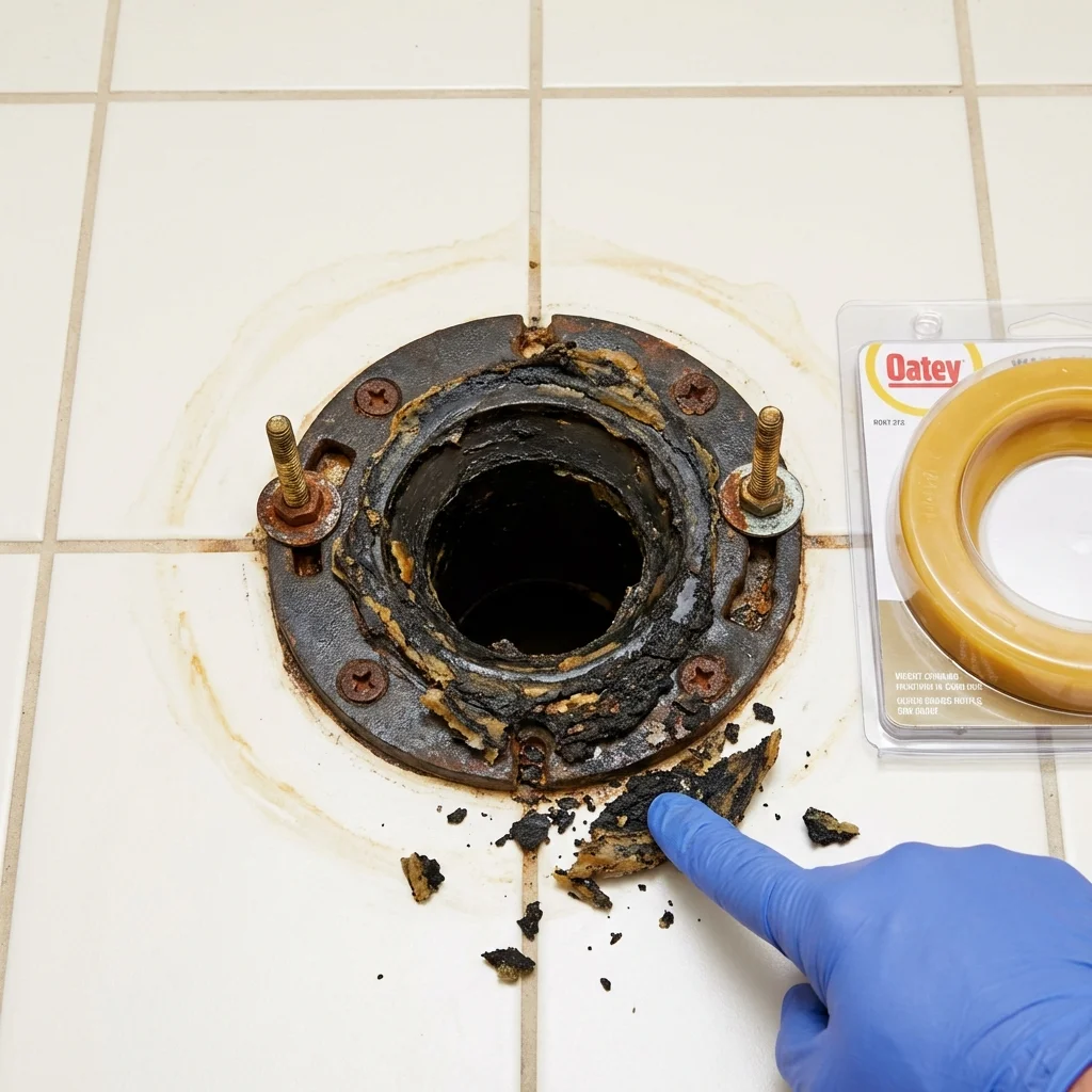 Failed wax ring showing water seepage at the base of a toilet in a Lebanon, OR home