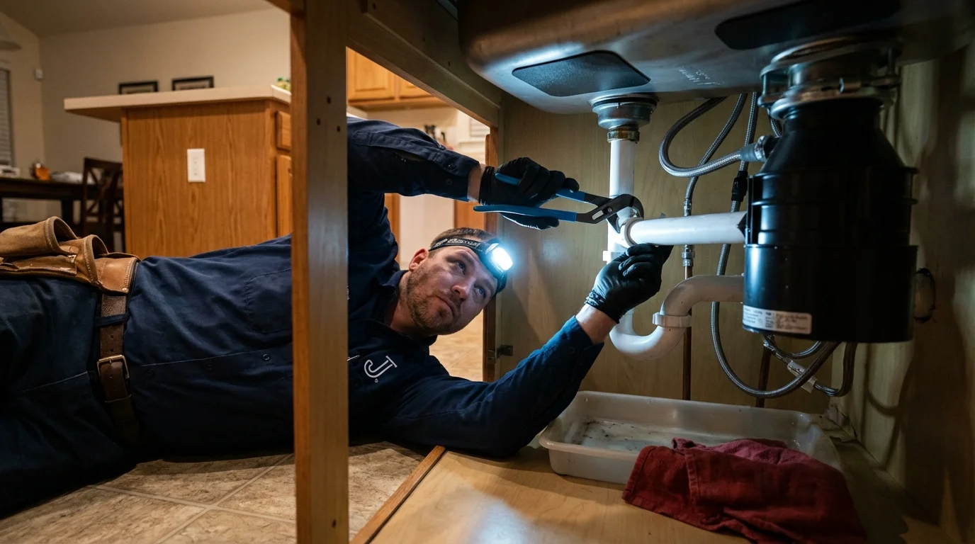 P-trap and supply line connections under a kitchen sink showing a common leak point in Lebanon, OR